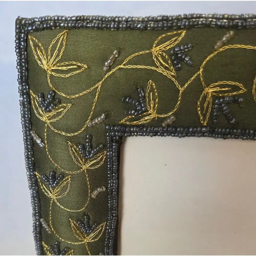 Pier 1 Imports Green Picture Frame Satin Beaded  Embroidered 5x7